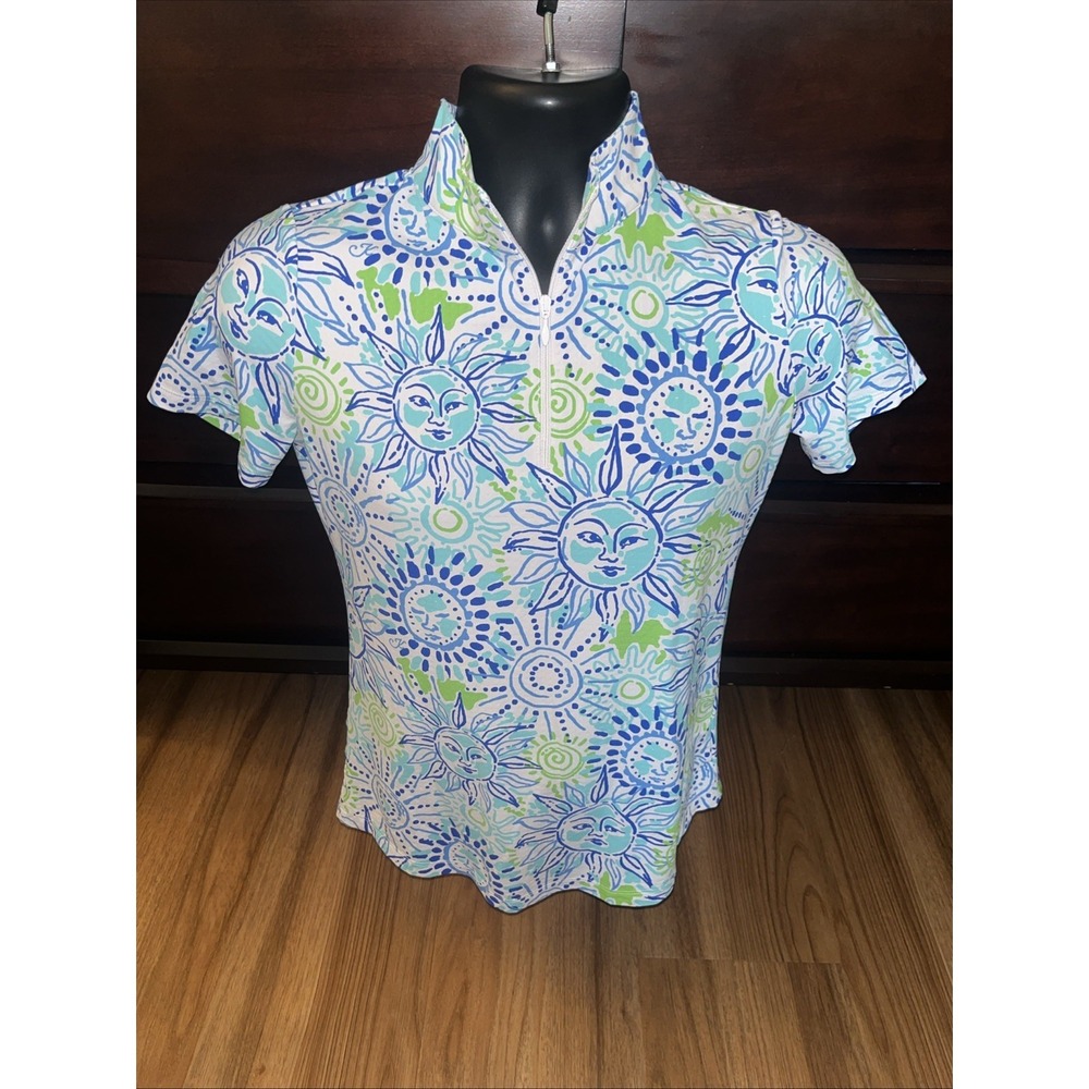 IBKUL Blue & Green Short Sleeve 1/4 Zip Mock Golf Shirt Size Small